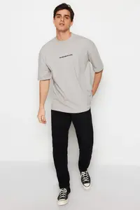 MAN Gray Oversized Raised Text Printed 100% Cotton T-Shirt - Image 2
