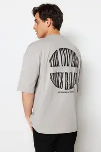 MAN Gray Oversized Raised Text Printed 100% Cotton T-Shirt - Image 3
