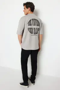 MAN Gray Oversized Raised Text Printed 100% Cotton T-Shirt - Image 5