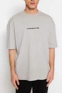 MAN Gray Oversized Raised Text Printed 100% Cotton T-Shirt - Image 6