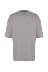 MAN Gray Oversized Raised Text Printed 100% Cotton T-Shirt - Image 9
