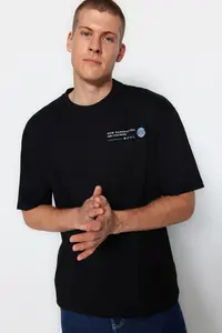 MAN Black Oversized Printed 100% Cotton T-Shirt - Image 3