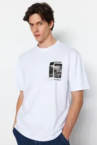 MAN White Oversized/Wide Cut Short Sleeve View Printed 100% Cotton T-Shirt