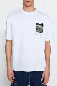 MAN White Oversized/Wide Cut Short Sleeve View Printed 100% Cotton T-Shirt - Image 4