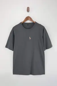 MAN Anthracite Oversized/Wide Cut Flamingo Embroidered 100% Cotton T-Shirt - Image 4