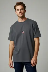 MAN Anthracite Oversized/Wide Cut Penguin Embroidered 100% Cotton T-Shirt - Image 2