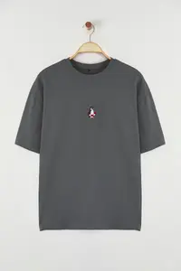 MAN Anthracite Oversized/Wide Cut Penguin Embroidered 100% Cotton T-Shirt - Image 3