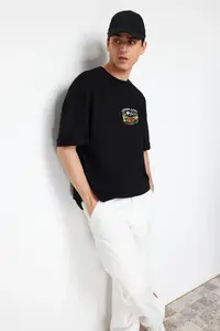 MAN Black Oversized/Wide Cut Short Sleeve View Embroidered 100% T-Shirt - Image 4