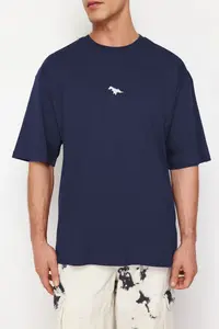 MAN Indigo Oversized/Wide Cut Short Sleeve Dinosaur Embroidered 100% Cotton T-Shirt - Image 5