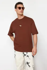 MAN Brown Oversized/Wide Cut Dinosaur Embroidered 100% Cotton T-Shirt