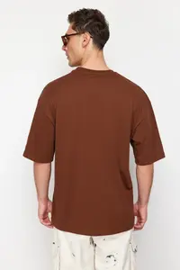 MAN Brown Oversized/Wide Cut Dinosaur Embroidered 100% Cotton T-Shirt - Image 2