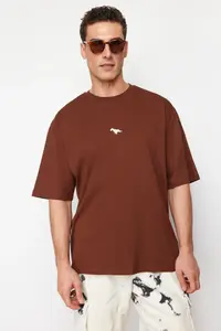 MAN Brown Oversized/Wide Cut Dinosaur Embroidered 100% Cotton T-Shirt - Image 3