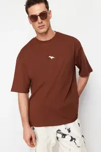 MAN Brown Oversized/Wide Cut Dinosaur Embroidered 100% Cotton T-Shirt - Image 4