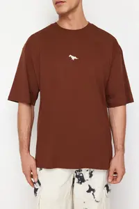 MAN Brown Oversized/Wide Cut Dinosaur Embroidered 100% Cotton T-Shirt - Image 5