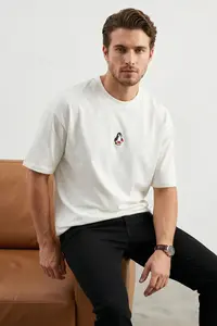 MAN Ecru Oversized/Wide Cut Penguin Embroidered 100% Cotton T-Shirt - Image 2