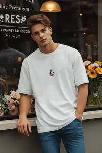 MAN Ecru Oversized/Wide Cut Penguin Embroidered 100% Cotton T-Shirt - Image 3