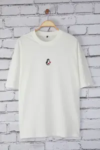 MAN Ecru Oversized/Wide Cut Penguin Embroidered 100% Cotton T-Shirt - Image 6