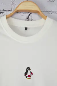 MAN Ecru Oversized/Wide Cut Penguin Embroidered 100% Cotton T-Shirt - Image 7