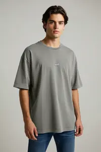 MAN Gray Oversized/Wide Cut Koala Embroidered 100% Cotton T-Shirt - Image 2