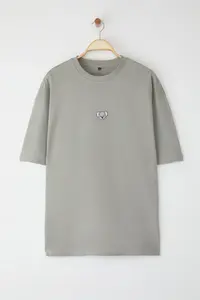 MAN Gray Oversized/Wide Cut Koala Embroidered 100% Cotton T-Shirt - Image 3