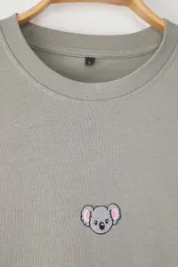 MAN Gray Oversized/Wide Cut Koala Embroidered 100% Cotton T-Shirt - Image 4
