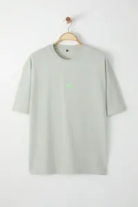 MAN Gray Oversized/Wide Cut Short Sleeve Dinosaur Embroidered 100% Tok Material T-Shirt - Image 2