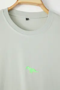 MAN Gray Oversized/Wide Cut Short Sleeve Dinosaur Embroidered 100% Tok Material T-Shirt - Image 4
