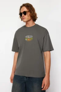 MAN Anthracite Oversized/Wide Cut Short Sleeve View Embroidered 100% Cotton T-Shirt