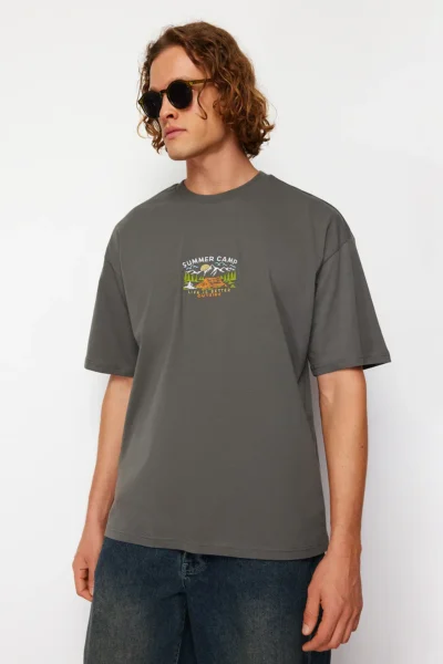 MAN Anthracite Oversized/Wide Cut Short Sleeve View Embroidered 100% Cotton T-Shirt
