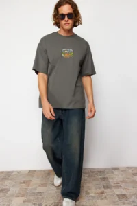 MAN Anthracite Oversized/Wide Cut Short Sleeve View Embroidered 100% Cotton T-Shirt - Image 4