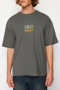 MAN Anthracite Oversized/Wide Cut Short Sleeve View Embroidered 100% Cotton T-Shirt - Image 5
