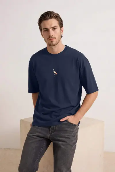 MAN Navy Blue Oversized/Wide Cut Flamingo Embroidered 100% Cotton T-Shirt
