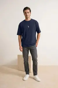 MAN Navy Blue Oversized/Wide Cut Flamingo Embroidered 100% Cotton T-Shirt - Image 2
