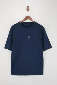 MAN Navy Blue Oversized/Wide Cut Flamingo Embroidered 100% Cotton T-Shirt - Image 4