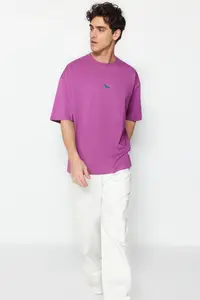 MAN Plum Oversized/Wide Cut Dinosaur Embroidered Short Sleeve 100% Cotton T-Shirt - Image 3