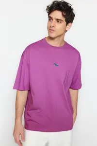 MAN Plum Oversized/Wide Cut Dinosaur Embroidered Short Sleeve 100% Cotton T-Shirt - Image 4