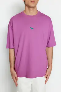 MAN Plum Oversized/Wide Cut Dinosaur Embroidered Short Sleeve 100% Cotton T-Shirt - Image 5
