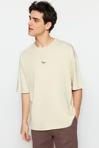 MAN Stone Oversized/Wide Cut Crew Neck Short Sleeve Dinosaur Embroidered T-Shirt - Image 3