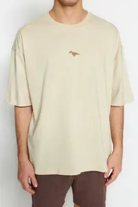 MAN Stone Oversized/Wide Cut Crew Neck Short Sleeve Dinosaur Embroidered T-Shirt - Image 4