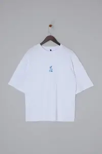 MAN White Oversized/Wide Cut Rabbit Embroidered 100% Cotton T-Shirt - Image 4