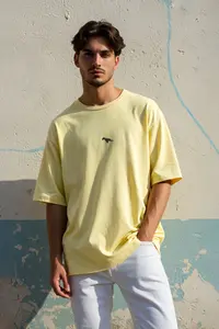 MAN Yellow Oversized/Wide Cut Short Sleeve Dinosaur Embroidered 100% Tok Material T-Shirt