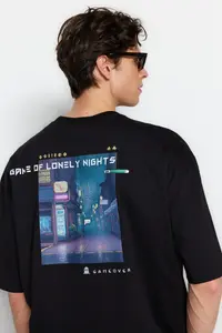 MAN Black Oversized/Wide Cut Short Sleeve Game Over Back Printed 100% Cotton T-Shirt