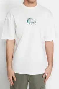 MAN Ecru Oversized/Wide Cut Short Sleeve Printed 100% Cotton T-Shirt - Image 4