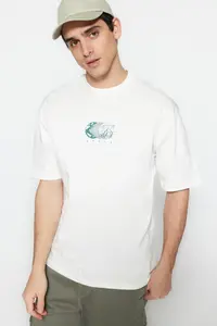 MAN Ecru Oversized/Wide Cut Short Sleeve Printed 100% Cotton T-Shirt - Image 5