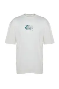 MAN Ecru Oversized/Wide Cut Short Sleeve Printed 100% Cotton T-Shirt - Image 6