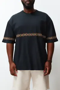 MAN Plus Size Black Oversized/Wide Cut 100% Cotton Ethnic Embroidered Comfortable T-Shirt - Image 4