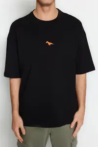 MAN Plus Size Black Oversized/Wide Cut 100% Dinosaur Embroidered T-Shirt - Image 4