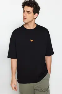 MAN Plus Size Black Oversized/Wide Cut 100% Dinosaur Embroidered T-Shirt - Image 7