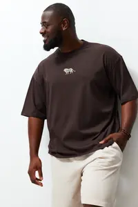 MAN Plus Size Dark Brown Oversized Animal Print and Embroidered 100% Cotton T-Shirt
