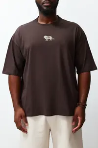 MAN Plus Size Dark Brown Oversized Animal Print and Embroidered 100% Cotton T-Shirt - Image 4